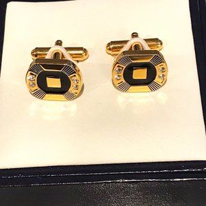 Stafford Cuff Links Black Stone and Rhinestone Gold Tone Vintage